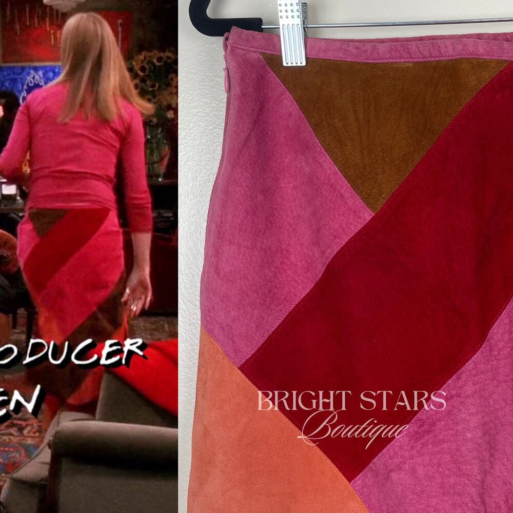 Rare Colorblock Suede Skirt ASO Phoebe Buffay Friends Pink Red Brown Patchwork - Picture 3 of 11